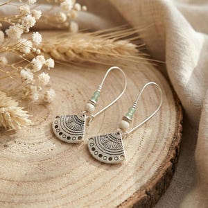 Silver drop earrings - fan triangles - natural pearls - women's jewelry - handmade gift