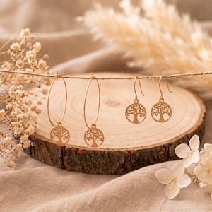May include: Four gold-toned earrings hanging from a thin string. Two earrings are large hoops with a circular tree of life charm attached, and two are smaller drop earrings featuring the same circular tree of life design in a metallic finish.