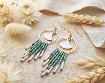 Miyuki Hoop Earrings with Turquoise Fringe • Woven Gold-Plated Steel Earrings • Miyuki Hoop Earrings • Handmade Miyuki Hoop Fringe Earrings