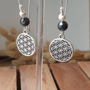 Dangling silver earrings flower of life natural black hematite beads women's jewelry Christmas gift image 2