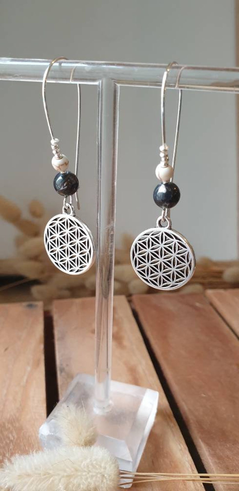 Dangling silver earrings flower of life natural black hematite beads women's jewelry Christmas gift image 2