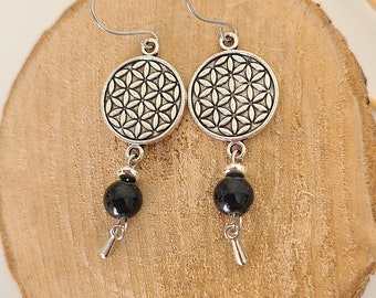 Silver flower of life dangling earrings with natural black hematite beads - Jewelry for women. Handcrafted jewelry gift