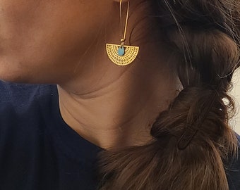 Gold earrings dangling half circle brass turquoise enamelled drop - Jewelry for women. Jewelry gift for her