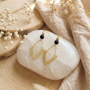 Gold-Plated Stainless Steel and Black Hematite Drop Earrings - Boho Chic Women's Jewelry - Handmade Natural Stone Hoop Earrings image 2