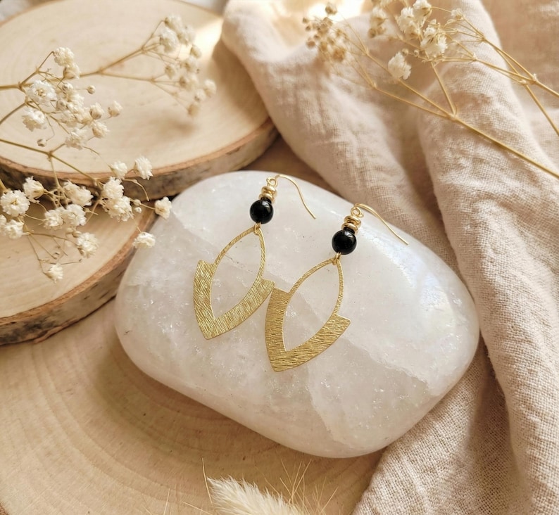 Gold-Plated Stainless Steel and Black Hematite Drop Earrings - Boho Chic Women's Jewelry - Handmade Natural Stone Hoop Earrings image 2