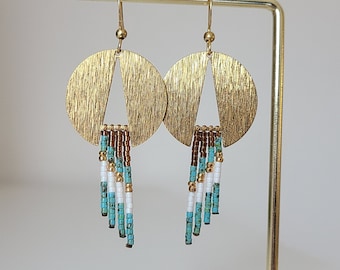 Gold dangling earrings | Miyuki beads | Beaded fringes | boho style | Jewelry for women | handcrafted jewelry | hand woven