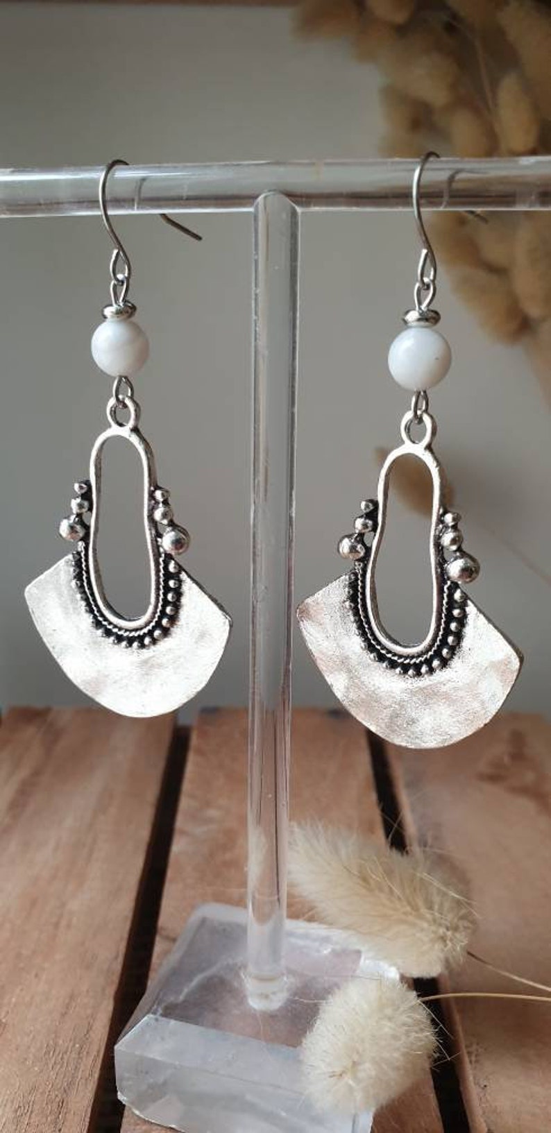 Dangling earrings silver and white large loop ethnic natural pearls Women's jewelry. Handcrafted jewelry gift Boucles d'oreilles