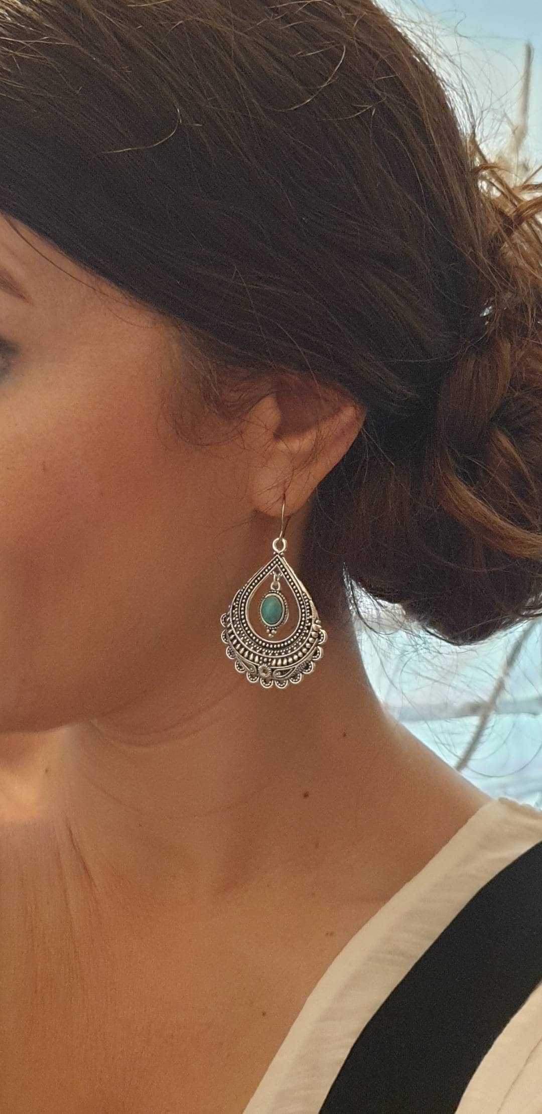 Boucles D'oreilles Pendantes Ethniques Style Tibétain - Perle Ajourée Argentée - Alliage, Sans Marque