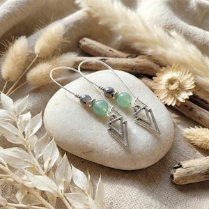 Jade and Labradorite Stainless Steel Earrings, Silver Double Triangle Drop Earrings, Handmade Natural Stone Jewelry, France