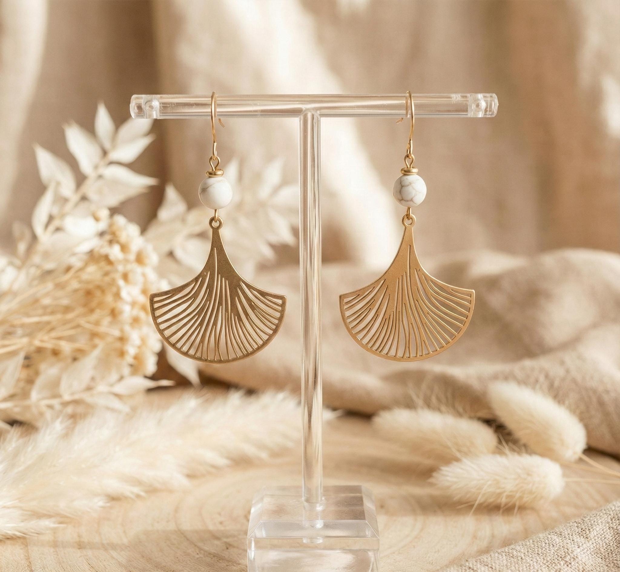 Ensemble Bijoux Golicc Feuilles De Ginkgo Doré - Boucles D'oreilles Et Collier, Cristaux, Plaqué Or, Neuf
