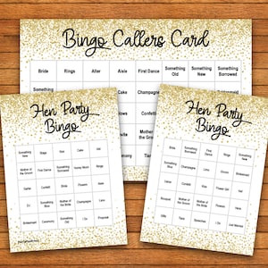 Hen Party Bingo Game - Printable PDF - Print at Home - 60 Players - Gold Confetti