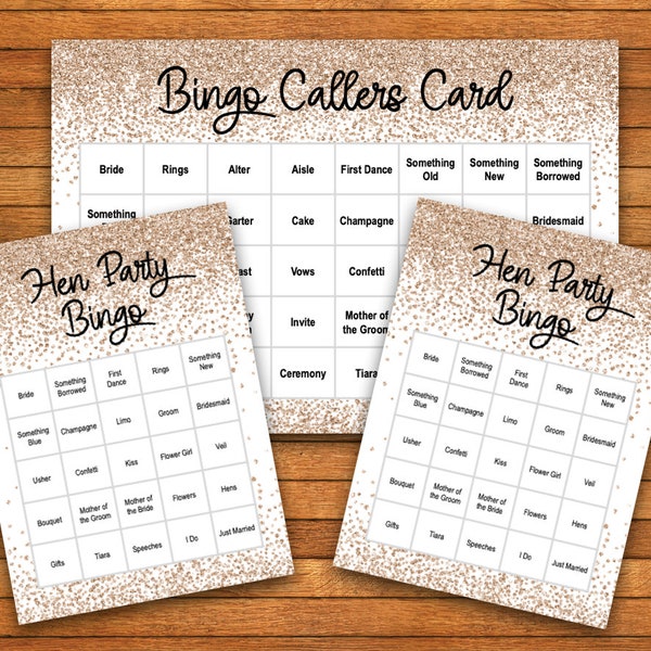 Hen Party Bingo Game - Printable PDF - Print at Home - 30 Players - Rose Gold Confetti