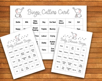 Baby Shower Bingo Game - Printable PDF - Print at Home - 30 Players - Baby Elephant Grey - Unisex