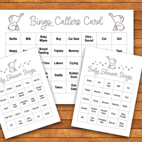 Baby Shower Printable Bingo Game - up to 30 players - downloadable PDF - Baby Elephant - Unisex