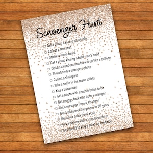 Hen Party Game - Scavenger Hunt - Printable PDF - Print at Home - Rose Gold Confetti