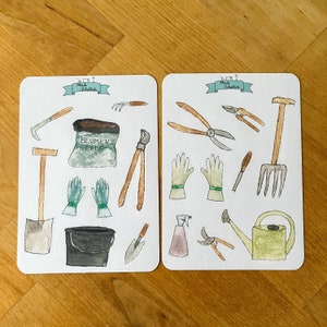 2 Stickerbögen Mini Gartenwerkzeuge / Schaufel / Gätnern / Gießkanne / Heckenschere / Handschuhe / Eimer / Gartenjournal / Blumen