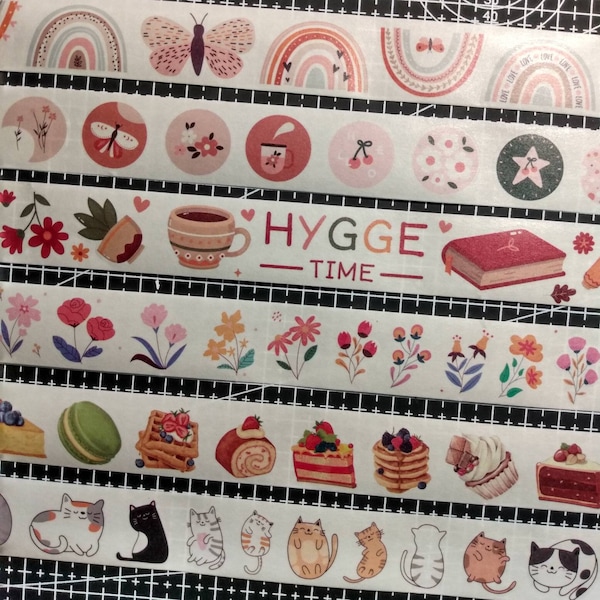 HYGGE Washi Tape Sticker Samples / Katzen Macaron Waffeln Donut Cupcake Regenbogen Blumen Gemütlichkeit Bücher Kerze Teekanne Aufkleber