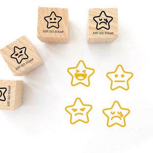 Set de 4 - Sello de goma Emoji Star - Mini Sello de 20/30/40mm - Ríe, Natural, Enojado, Triste