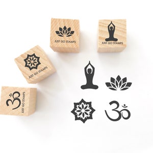 4個セット - YOGA ゴム印 - Φ20/30/40 mm ミニスタンプ - ヨガ、ロータス、OM、瞑想スタンプ - 宇宙の音