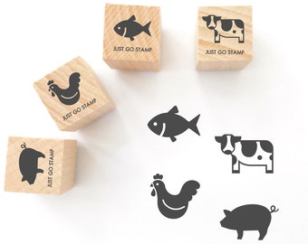 Set of 4 - MEAL CHOICE Rubber Stamp - Φ20/30/40mm Mini Stamp - Beef, Fish, Chicken, Pork / Farm Stamp - Cow, Fish, Chicken, Pig