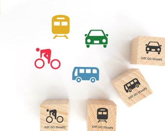 Set of 4 - Transportation Rubber Stamp - Φ20/30/40mm Mini Stamp - Subway, Car, Bicycle, Bus Stamp Set