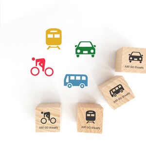 Set of 4 - Transportation Rubber Stamp - Φ20/30/40mm Mini Stamp - Subway, Car, Bicycle, Bus Stamp Set