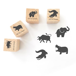 Conjunto de 4 - Carimbo de borracha de animais - Mini carimbo Φ20/30/40mm - Búfalo, elefante, crocodilo, hipopótamo - Conjunto de carimbos de animais da floresta