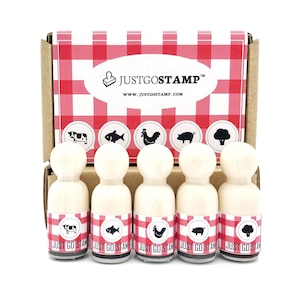 5 PCS Meal Choice Rubber Stamp - Timbre Φ16mm - Boeuf, Poisson, Poulet, Porc, Timbre végétal / Timbre de ferme - Vache, Poisson, Poulet, Cochon, Légume