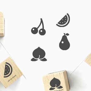 Set di 4 - Frutta Timbro di gomma - Φ20/30/40mm Mini Stamp - Ciliegia, Pesca, Pera, Anguria