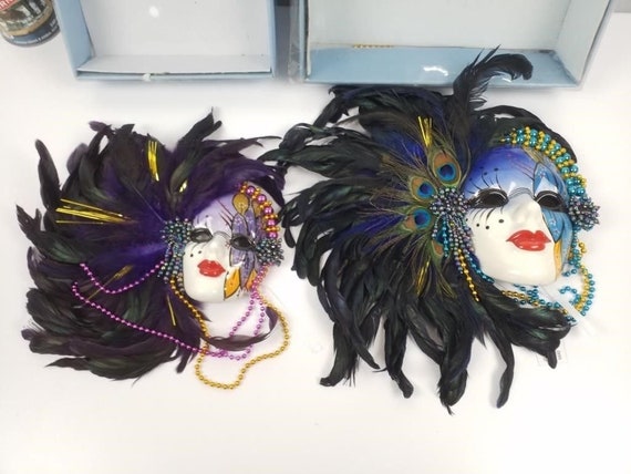 Masquerade Masks With Peacock Feathers Handmade Ceramic Etsy
