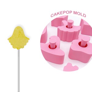 May include: Pink cake pop mold with a ballerina design. The mold is made of silicone and has a non-stick surface. CAKEPOP MOLD is written in white text on a pink circle.