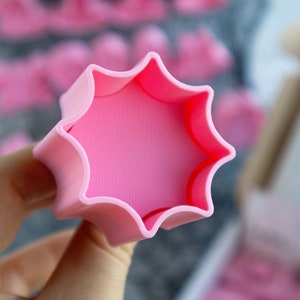 May include: Pink plastic star-shaped cookie cutter with a smooth, slightly textured surface.