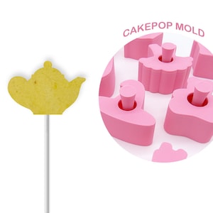 May include: Pink cake pop mold with a teapot design. CAKEPOP MOLD is written in white text on a pink circle.