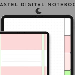 Peut inclure: Deux carnets numériques affichés sur l'écran d'une tablette. Le carnet du haut présente un motif de grille pointillée. Le carnet du bas a un fond rose avec une bande verte et une section blanche avec des lignes. Le carnet a une icône de lune dans le coin supérieur droit.