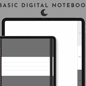 May include: Two digital notebooks on a gray background. The larger notebook has a dotted grid pattern and the smaller notebook has a gray background with white lines. A white stylus is on the right side of the image.