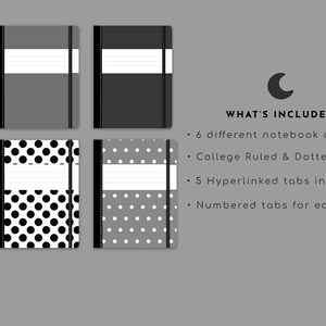 Pode incluir: Seis capas de caderno diferentes com padr&otilde;es de bolinhas pretas e brancas, padr&otilde;es de bolinhas cinzas e brancas e capas cinzas e pretas s&oacute;lidas. O texto "WHAT'S INCLUDED:" est&aacute; no lado direito da imagem. O texto lista seis capas de caderno diferentes, tipos de papel pautado e pontilhado, cinco abas hiperligadas em cada caderno e abas numeradas para facilitar a navega&ccedil;&atilde;o.