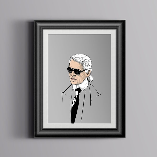 Karl Lagerfeld Print Fashionista Poster Black White Fashion Icon Illustration  Decor Digital