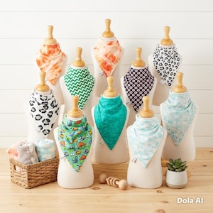 May include: A collection of ten triangular baby bibs displayed on mannequin busts. The bibs feature various patterns including orange tie-dye, green chevron, leopard print, dinosaur print, teal, and light blue clouds. A small basket holds folded bibs.