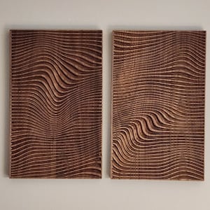 Walnut Optical Illusion Wall Decor: Modern Parametric Wood Art, Set of 2