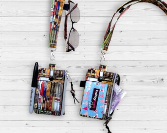 Lanyard ID Wallet with Zipper – Book Fabric, Quick-Release – Teacher Gift, Badge Holder, Card Pouch