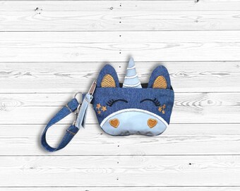 AirPods Case, Earbuds pouch, Card holder, Unicorn Mini Denim Bag with Reflective Fabric – Small Zipper Pouch for Keys,  Lipstick.