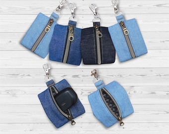 AirPods Case, Earbuds denim pouch with zipper, keychain, Earphones pouch, Coins bag.
