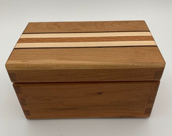 Cherry jewelry box with inlay of wenge, maple, lacewood, and walnut