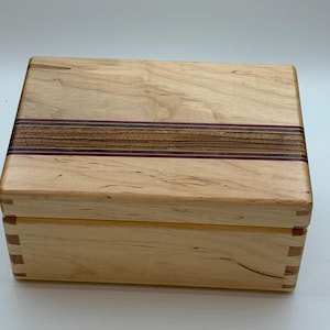 Maple wood jewelry box with tigerwood, walnut, purpleheart inlay lid. Handmade dovetail  keepsake box, great birthday or anniversary gift.