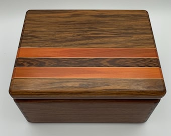 Walnut jewelry box with inlay of rosa peroba, maple, and wenge