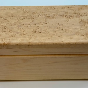 Maple wood jewelry box with a highly figured Birdseye lid. Dovetail construction, elegant wood anniversary gift #2511