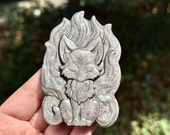3.5インチ 天然シルバーオブシディアン 手彫り 九尾の狐 クリスタル