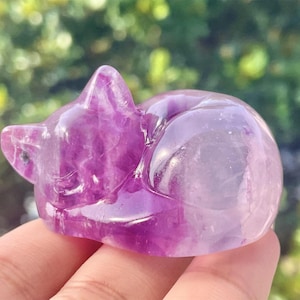2.4&quot; Natural Fluorite Hand Carved Sleeping cat,Crystal Quartz Skull,Cat Carving,Energy crystal,Reiki healing,Home Decor,Crystal gift