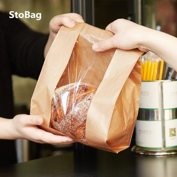 35% OFF StoBag 50pcs Kraft Paper With Window Bread Packaging Bags Oil-proof Breakfast Breat Supplies Party Food Toast Clear Celebrate