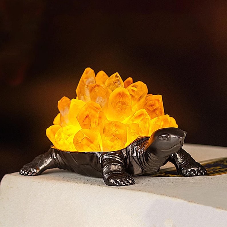 Lámpara de noche de tortuga con racimo de amatista y citrino natural: lámpara de cristal de cuarzo, lámpara de fluorita verde, decoración del hogar (1 unidad, USB)